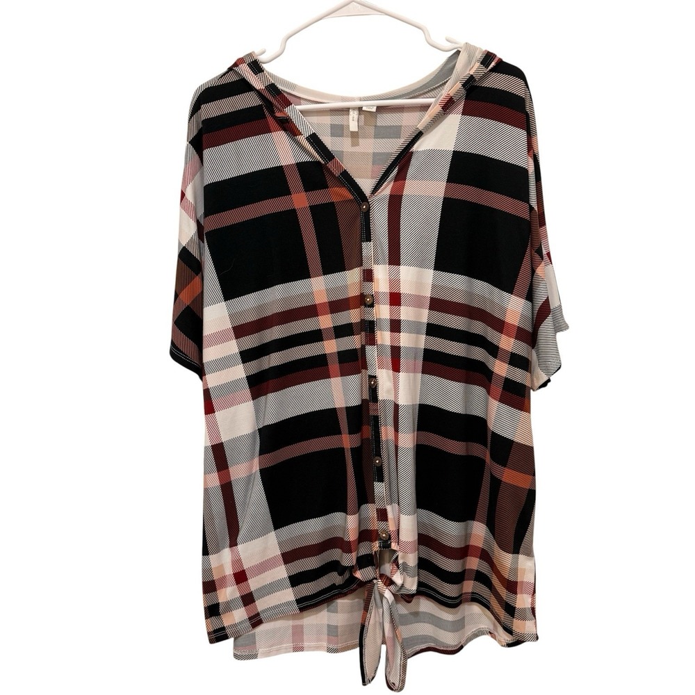 Women's Loose Fit Short Sleeve Large Plaid Hoodie Pullover 18/20W